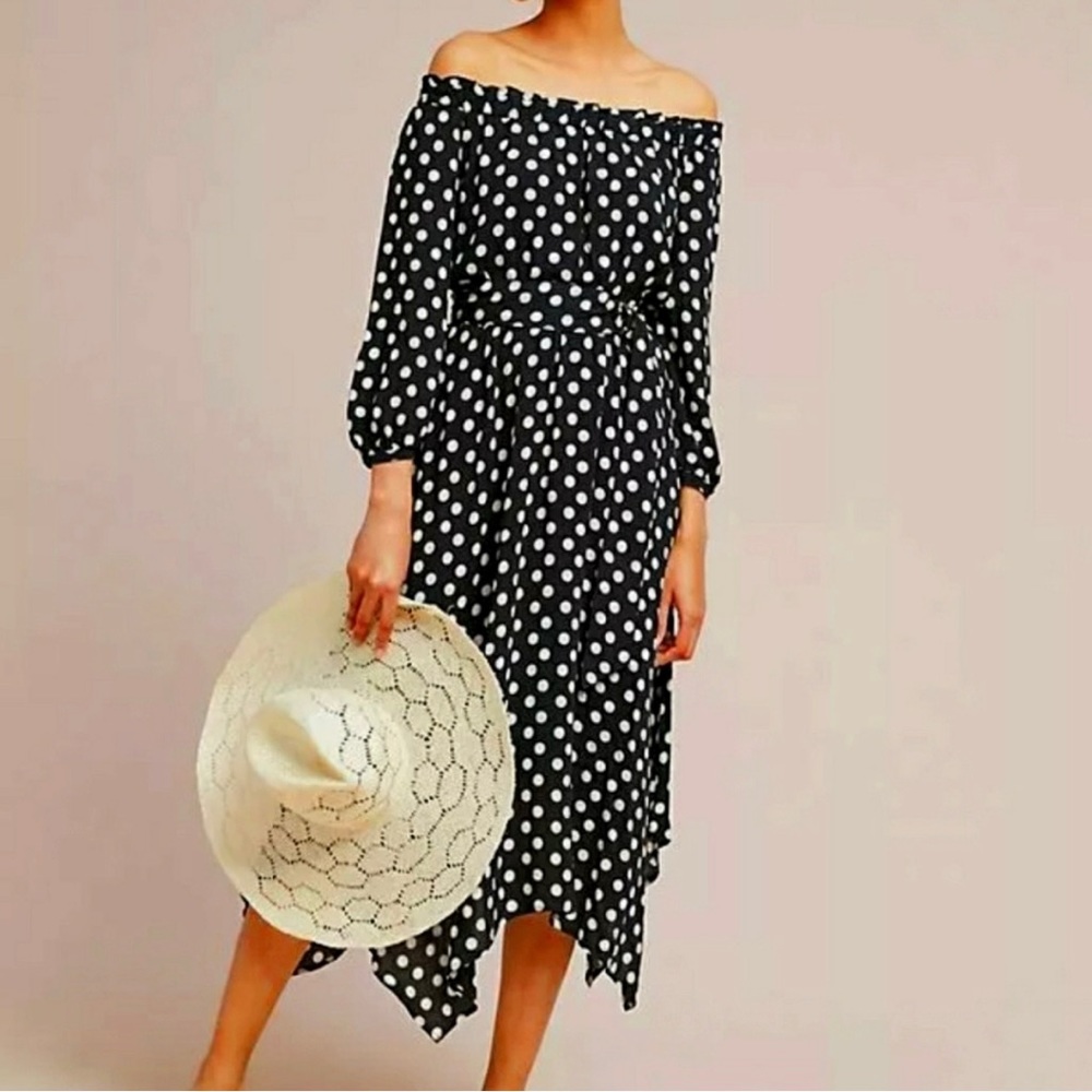 ANTHROPOLOGIE MAEVE 158$ NEW Gerti Midi Dress Black Polka Dot Off Shoulder Sz 0